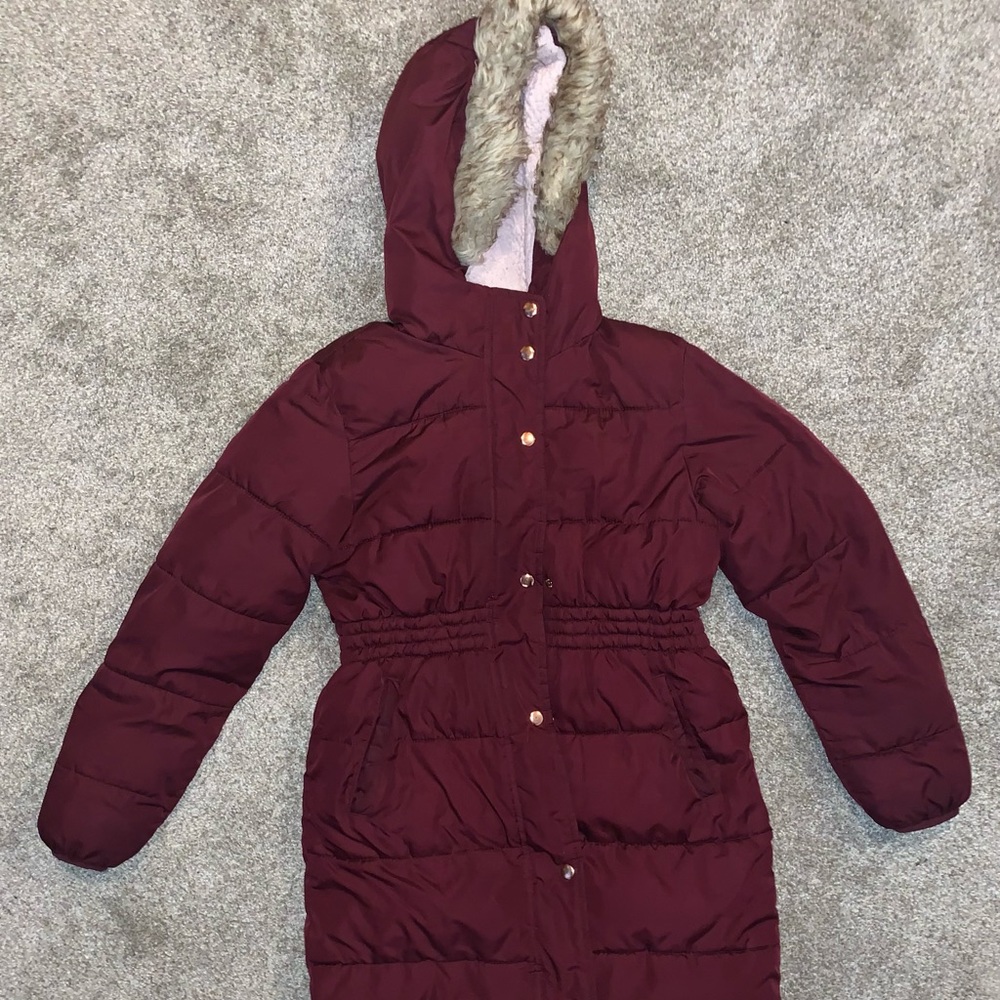 Burgundy Red Hooded Mid-Thigh Winter Jacket